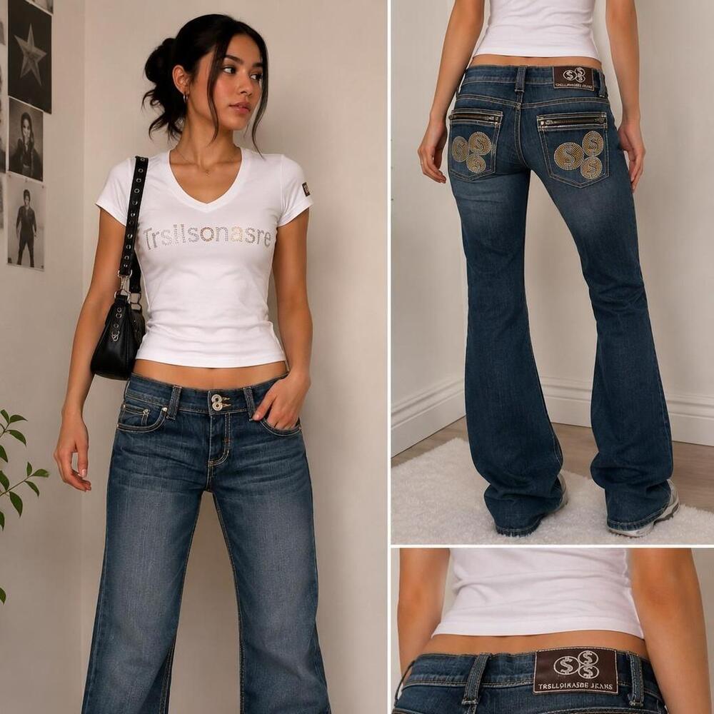 Y2K Low-Rise Flare Jeans | Size 30 | Rhinestone Money Pocket Design